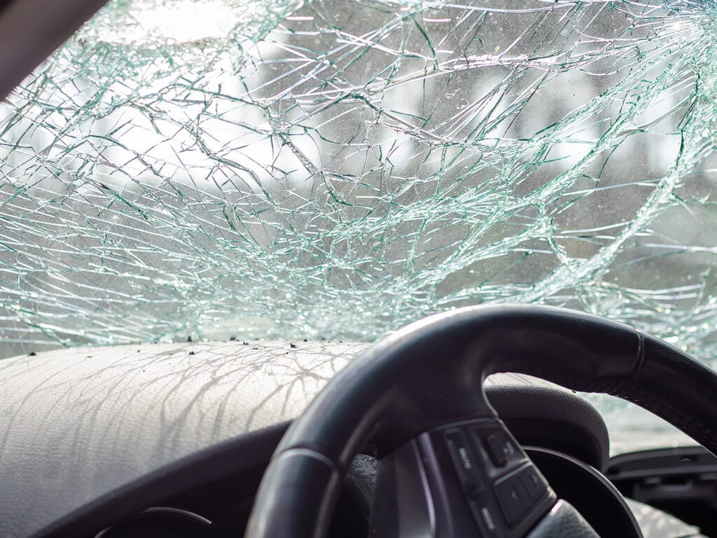 Broken Windshield glass after an auto accident
