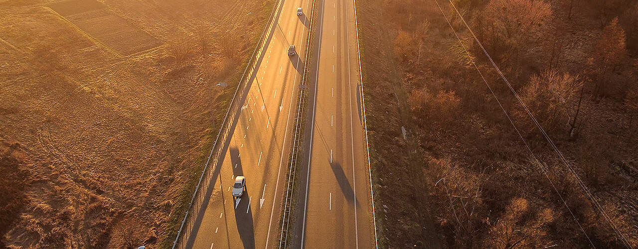 Aerial view of a highway at dusk