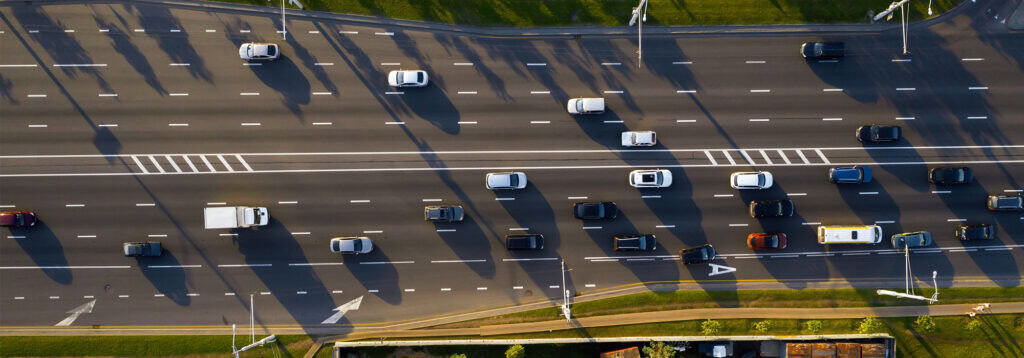 Large multi lane highway with traffic